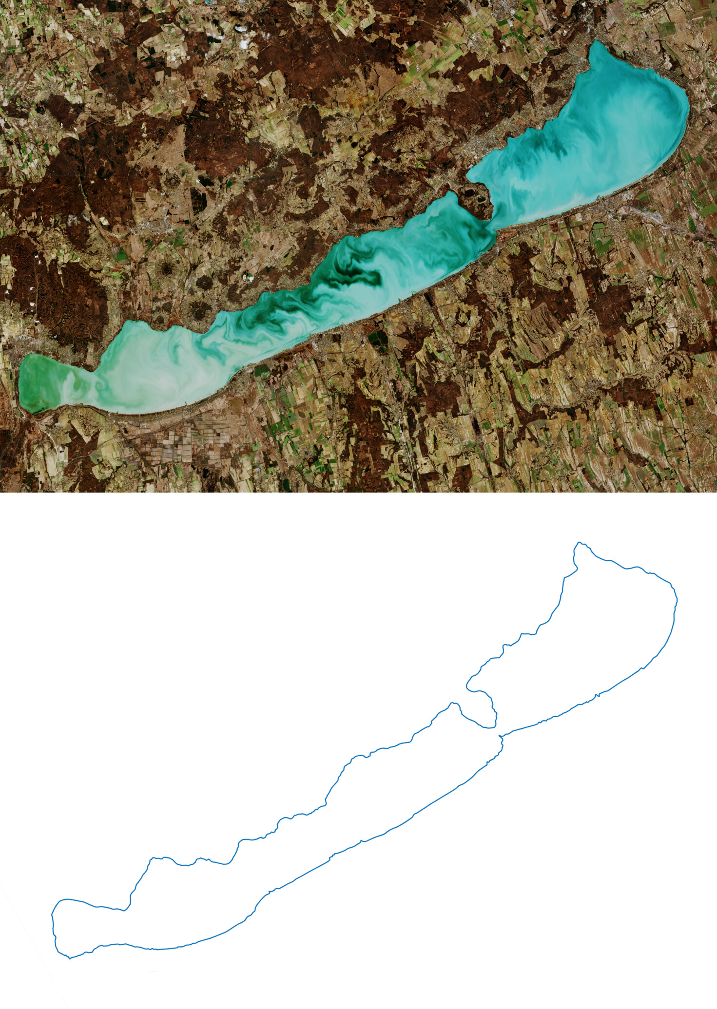 Shape of Lake Balaton from the Space and on the paper 